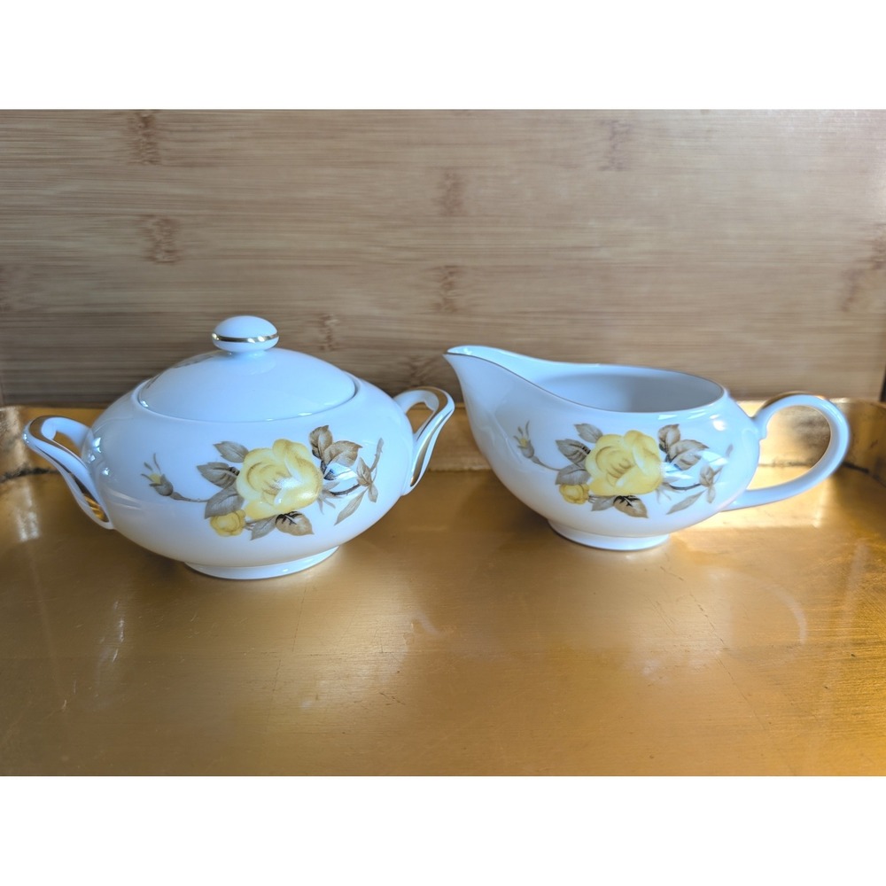 Sango Cotillion Creamer and Sugar Bowl Set Yellow Rose Gold Trim Fine China
